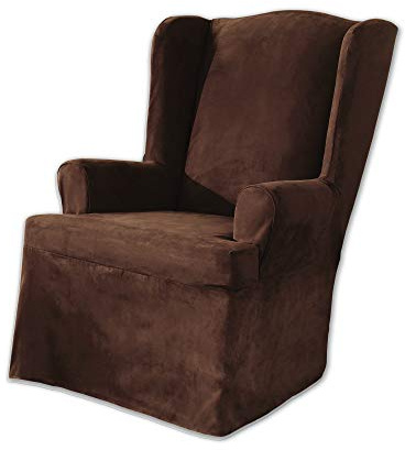 SURE FIT Soft Suede T-Cushion Wing Chair One Piece Slipcover, Relaxed Fit, Polyester, Machine Washable, Chocolate Color