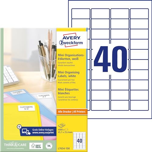 Avery L7654-100 Adressetiketter, 45,7 x 25,4 mm, 4.000 Etiketter, Vit