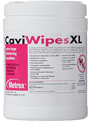 Metrex CaviWipes1 XL Surface Disinfectant Wipes – Unscented, Non-Sterile, Pre-Saturated with CaviCide1 for Hard, Non-Porous Surfaces – 9 x 12, 65 X-Large Wipes per Canister (Pack of 1)