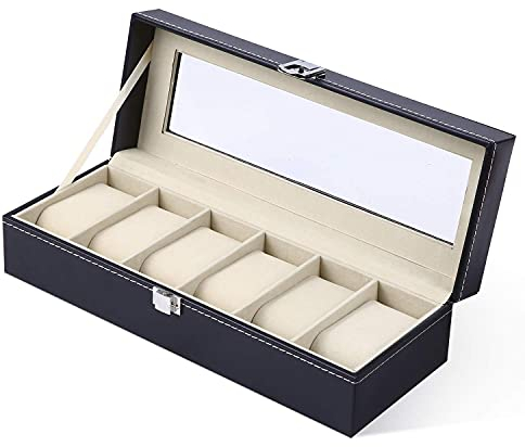Ohuhu Uhrenbox mit 6 Fächern, Watch Box Uhren Aufbewahrungsbox mit Glasdeckel, Uhren Box aus PU Leder und Samt Innenfutter, Uhrenbox Herren Frauen, Geschenkidee für Geburtstag Vatertag Valentinstag
