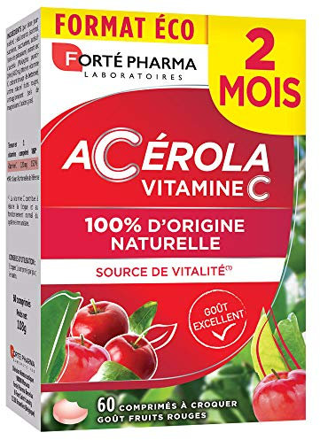 Forté Pharma - Acérola - Vitamine C Naturelle à Croquer dès 12 ans - Complement alimentaire defenses immunitaires & réduction de la fatigue, vitamine hiver - 60 comprimés, 1/jour