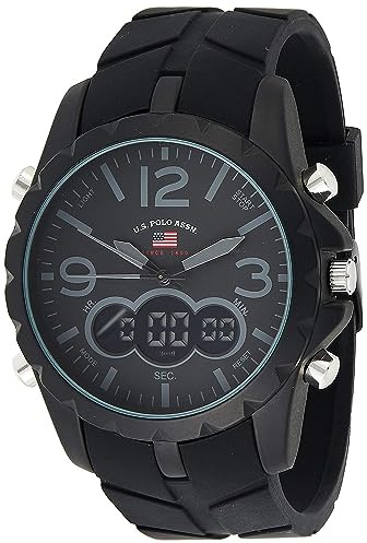 U.S. Polo Assn. Men's Multifunction Watch Black Silicone Strap Analog Digital Display Alarm Chronograph Backlight 50mm Case Fits Wrists 5.5 to 8