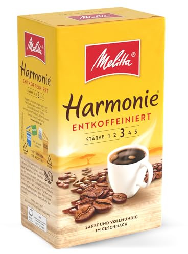 Melitta Harmonie Entkoffeiniert Filter-Kaffee 500g, gemahlen, Pulver für Filterkaffeemaschinen, koffeinfrei, milde Röstung, geröstet in Deutschland