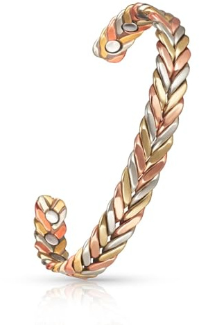 Wollet Jewelry, braccialetto magnetico per combattere l’artrite per uomo e donna; di rame africano, 16,5 cm, intrecciato a tre tonalità, con sei magneti