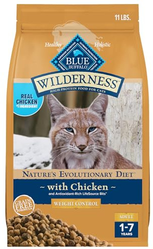 Blue Buffalo Wilderness High-Protein, Grain-Free Natural Dry Food for Adult Cats, Weight Control, Chicken, 11-lb Bag
