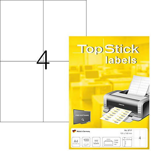 TopStick 8717 Universal Etiketten, 100 Blatt, 105 x 148 mm, 4 pro A4 Bogen, 400 Stück, selbstklebend, bedruckbar, matt, blanko Papier Klebeetiketten Aufkleber, weiß
