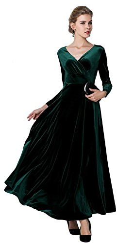 VERYCO - Vestido largo elástico de terciopelo, cuello de pico, manga larga, estilo vintage