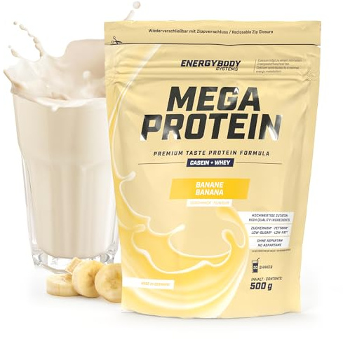Energybody Mega Protein Banane 500 g - Mehrkomponenten Protein Pulver mit Casein Whey Mix als Eiweiß Protein Pulver - Protein Shake ohne Aspartam - Eiweißpulver - 20 Portionen