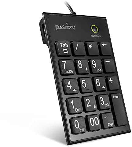 Perixx PERIPAD-202HB, Nummernblock für Laptop - USB - 2 Zusatz-USB-Hubs - Tab-Taste - Full Size 19 Tasten - große Zeichen - Leise Scherentasten - Schwarz