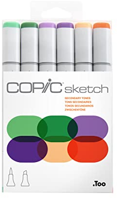 COPIC Sketch Set de 6 marqueurs à encre à alcool permanente double pointe, pointe pinceau ultra souple et large biseautée, rechargeable - Set Couleurs Teintes Secondaires