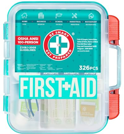 Be Smart Get Prepared First Aid Kit, Teal, 326 Piece, Exceeds OSHA and ANSI Guidelines 100 People - Office, Home, Car, School, Emergency, Survival, Camping, Hunting and Sports