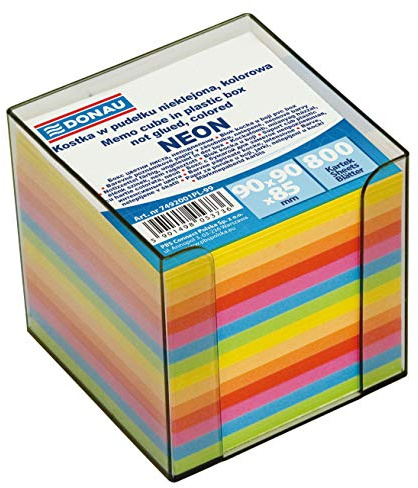 DONAU 7492001PL-99 Cube écologique pour bloc-notes, non collé, dans une boîte en plastique, environ 700 feuilles, différentes couleurs vives, 95 x 95 x 95 mm