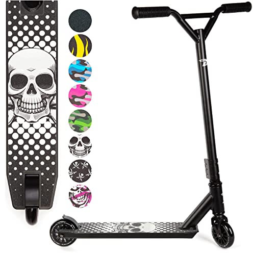 Land Surfer Stunt Scooter - Stunt Roller für Kinder ab 8 Jahren und Junge Erwachsene mit 360 Grad Deck, 100 mm High PU-Räder mit ABEC-9 Kugellager und Geschenkbox - Schwarzer Schädel