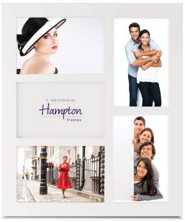 Hampton Frames, Multi Aperture Photo Frame GAL5APWHX, White, Engineered Wood, 5 x 4x6 Rectangular, Glass Front | Freestanding or Wall Mount | Display Multiple Pictures, Home Décor