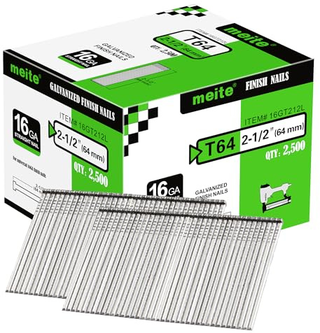 meite 16 Gauge Finish Nails, 64 mm Galvanised 16GA Finish Nails, Small Straight Finishing Nail, Ideal for Woodworking, Upholstery, and Framing Projects (2,500 Counts)