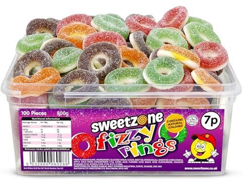 Sweetzone Fizzy Sour Rings 800g 100pcs Halal | Fizzy sour ring gummies, assorted fruit flavours, Halal bulk tub, party pick and mix, soft jelly sweets for all ages