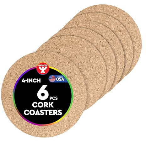 Hygloss Products Natural Cork Coasters - Eco Friendly Absorbent Rounds for Drinks, Trivets, and DIY Crafts, 3mm, 4 Inch, Set of 6