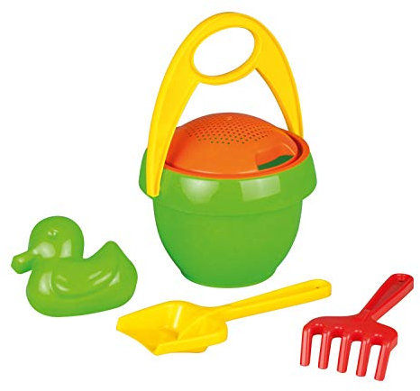 Lena 05323 - Happy Sand Spielset, 5 Teile, Sand und Wasser Spielzeug Set für Kinder ab 2 Jahre, mit Sandeimer, Sieb, Sandförmchen, Sandschaufel und Rechen aus Kunststoff, Sandspielzeug Eimergarnitur