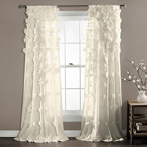 Lush Decor Riley Light Filtering Window Curtain Panel, Single 54 W x 84 L, Ivory - Cute Curtains for Bedroom - Bow Decor - Coquette Curtains for Windows