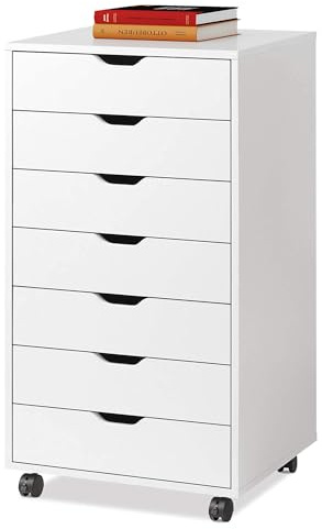 DEVAISE 7-Drawer Office Cabinets, Wood Storage Drawer File Cabinet with Wheels, White