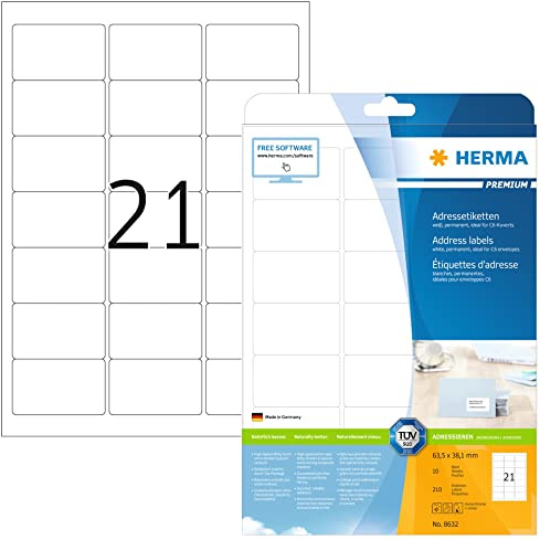HERMA 8632 Adressetiketten, 10 Blatt, 63,5 x 38,1 mm, 21 pro A4 Bogen, 210 Stück, selbstklebend, bedruckbar, matt, blanko Papier Adressaufkleber Etiketten, weiß