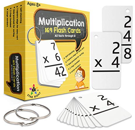 Star Right Multiplication Flash Cards - 169 Hole-Punched Math Study Multiplication Cards with 2 Binder Rings - Times Tables Practice Set for Kids Ages 8 and Up at Home or School