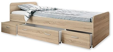 Boro Modernes Einzelbett mit 3X Schubkästen 90 x 200 cm - Praktisches Jugendzimmer Kojenbett in Eiche Sonoma Optik - 95 x 66 x 204 cm (B/H/T)