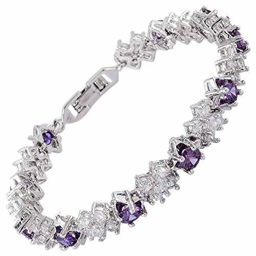 Rizilia tennisarmband [18 cm/7 tum] med runda skurna ädelstenar CZ [6 färger tillgängliga] i 18K vitguldpläterad, enkel modern elegans