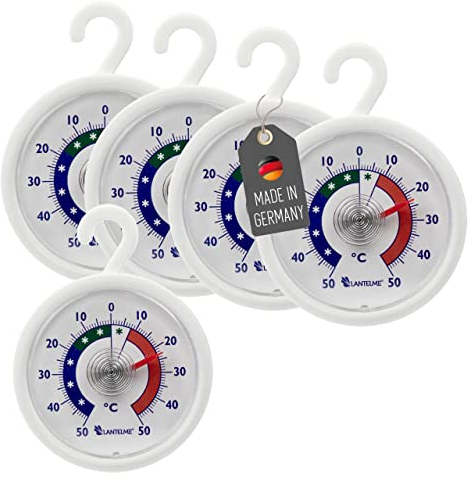 Lantelme 5 Stück Kühlschrankthermometer Set mit Haken zum aufhängen | Temperatur + - 50°C | auch für Gefrierschrank Gefriertruhe Kühltheke Weinschrank | Analog Kühlschrank Thermometer