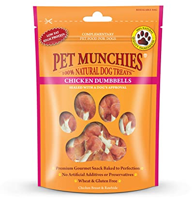 Pet Munchies Chicken and Rawhide Dumbbells Dog Treats, Premium Grain Free Dog Chews with Natural Real Meat, Low in Fat and High in Protein 80g