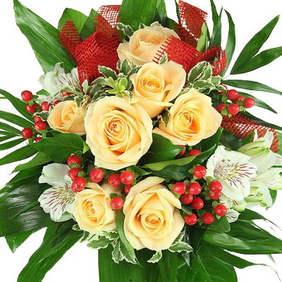 Blumenstrauß in Cremetönen mit Rosen, Nelken, Lisianthus und Hyperikum - Inklusive Grußkarte
