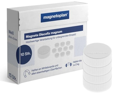magnetoplan Premium Magnete Discofix magnum | ØxH 34x13mm | 10 Stück, weiß | Haftkraft: 2 kg | Magnete für Magnettafeln und Whiteboards | Magnet mit kratzfreier Spezialbeschichtung | Leicht abnehmbar