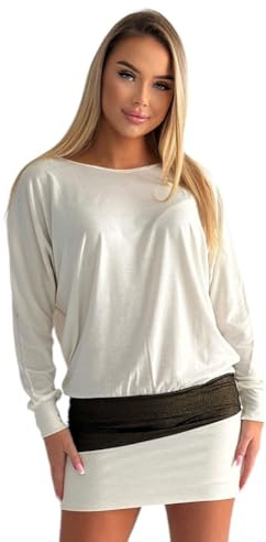 Mississhop 95-31 Damen Minikleid festlich Glitzer Kleid Pulli Tunika Creme L