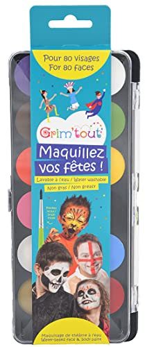 GRIM'TOUT Palette Maquillage Enfant Kermesse - 12 Couleurs - Application Facile Pinceau et Éponge - Eau Facile à Appliquer et Nettoyer - Peinture Visage Fille, Garçon - Activité Artistique