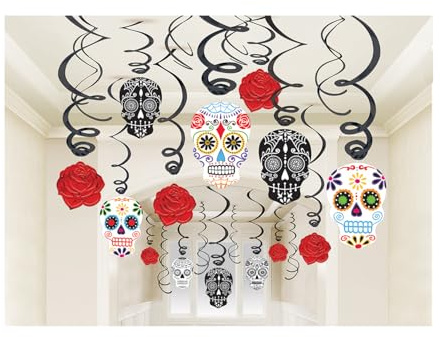 Amscan 670360-55 - Deko-Spiralen Day of the Dead, 30 Stück, Mexiko, Dia de los Muertos, Halloween, Horror-Party, Mottoparty