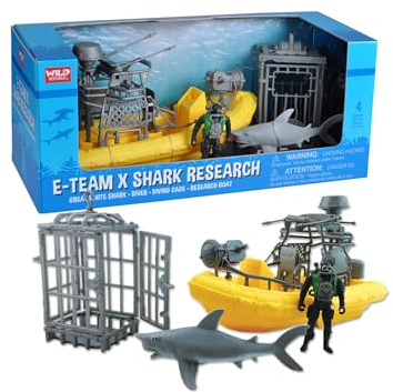 Wild Republic E-Team X Shark Set Playset, Action Figure, Shark, Boat, Diving Cage, Gifts for Kids, 4-Piece Set 15394 , Cuddlekins