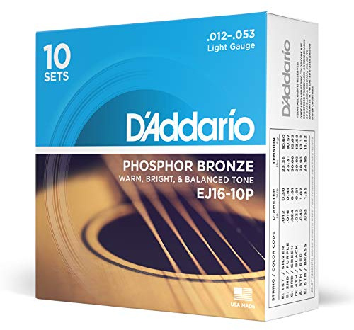 D'Addario Corde Chitarra Acustica | Corde per Chitarra Acustica | Corde Acustica | EJ16-10P Set Corde Acustica EJ Phosphor BRZ RND WND, 12-53