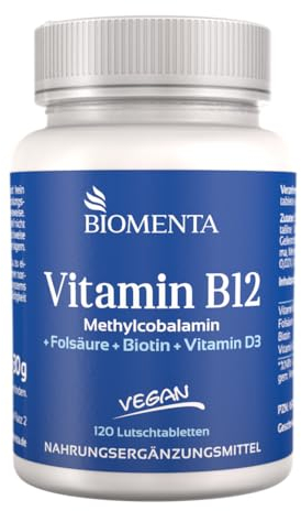 BIOMENTA Vitamin B12 Komplex – 120 vegane hochdosierte Lutschtabletten mit 500 µg B12-Vitamin aus Methylcobalamin + Vit. D + Biotin + Folsäure – Geschmack: Orange - Premiumqualität