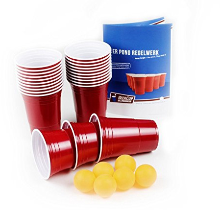 BeerCup-Classics 100 Vasos Rojos para Jugar al Beer Pong para Fiestas de 473 ml con6 Bolas de Beer Pong y Las Instrucciones de Juego