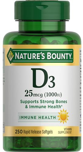 Nature’s Bounty Vitamin D3 1000 IU, Immune Support, Helps Maintain Healthy Bones, 250 Rapid Release Softgels