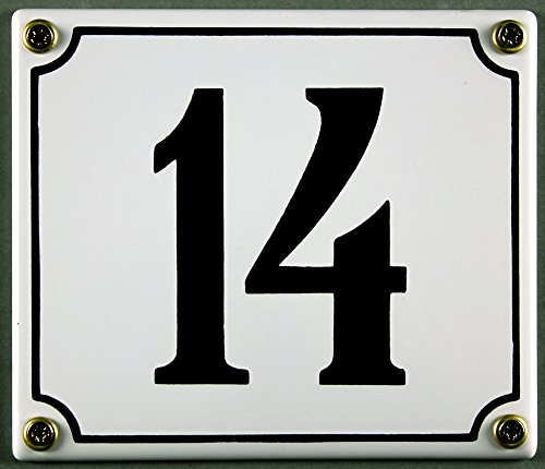 Emaille Hausnummernschild - Wählen Sie Ihre Nummer - Zahlen 1 bis 30 verfügbar - weiß/schwarz 12x12 cm und 12x14cm - sofort lieferbar! Hausnummer Schild wetterfest und lichtecht (14 weiß/schwarz 12x14cm)