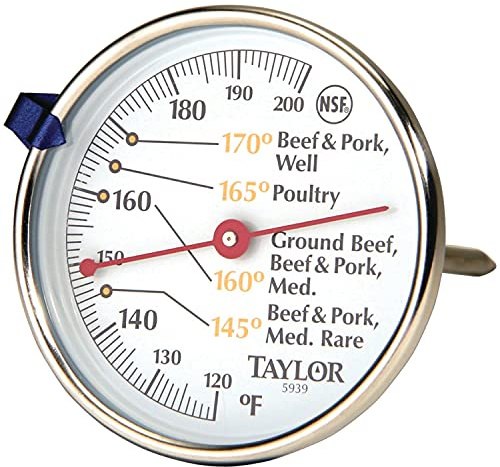 Taylor Leave-in Meat Oven Safe Compact Analog Dial Meat Food Grill BBQ Kitchen Cooking Thermometer, 3 inch dial, Stainless Steel
