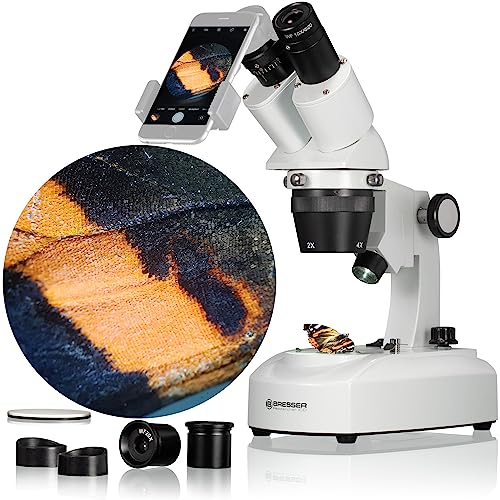 Bresser 3D Stereo Auflicht Durchlicht Mikroskop Researcher ICD LED 20x-80x mit 360° drehbarem Tubus, LED Beleuchtung mit Akku- oder Netzbetrieb, für dreidimensionale Beobachtungen