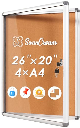 Swansea Bacheca in Sughero con Serratura, Bacheca Con Anta Battente per Interno in Alluminio, 67x50cm (4xA4)