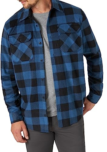 Wrangler Authentics Men's Long Sleeve Plaid Fleece Jacket Button Down Shirt, Blue Buffalo Plaid, M UK