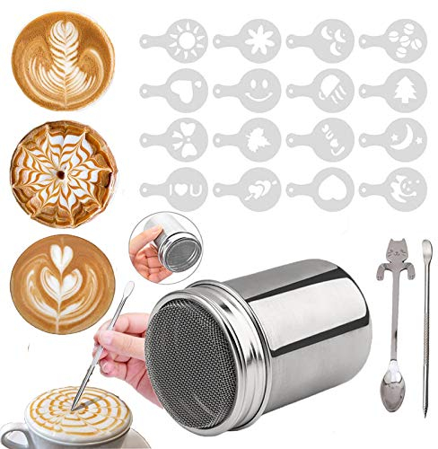 Panlom Chocolate Shaker with Lid Stainless Steel Flour Shaker Chocolate Sprinkles for Cappuccino Coffee Icing Sugar Cocoa with 16 Coffee Stencil + Cat Coffee Spoon