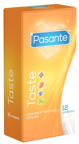 Pasante Taste, färgade kondomer med smak (blåbär, jordgubbar, mynta och choklad), 1 x 12 stycken