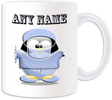 UNIGIFT Personalised Gift - Surgeon with Scalpel Mug (Penguin in Costume Design Theme, White) - Any Name/Message on Your Unique - Doctor Scrubs Uniform