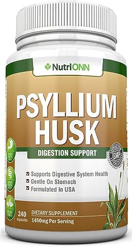 Cápsulas de cáscara de psyllium, 1450 mg por porción, 240 cápsulas, suplemento de fibra de psyllium premium, ideal para digestión y regularidad, fibra soluble 100% natural