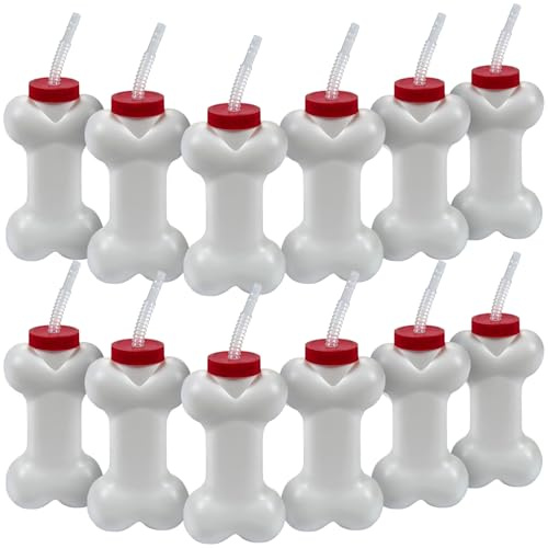 Fun Express 12 Count Dog Bone Cups with 7.5 inch Straws - 14 oz Bone-Shaped Cups - Puppy Dog Birthday Party Supplies and Favors